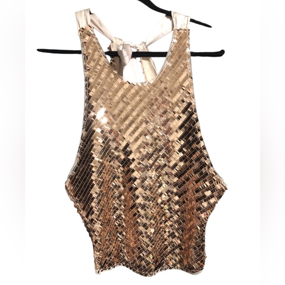 Free People Womens Sequin Halter Ribbon Tie Top in Rose Gold NWOT size M - Picture 5 of 12